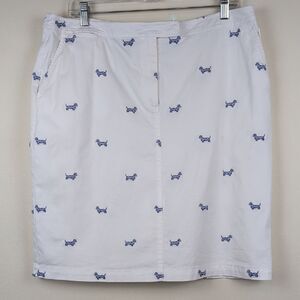 Talbots White Cotton Pencil Skirt Blue Embroidered Dachshund Dog Print Size 14